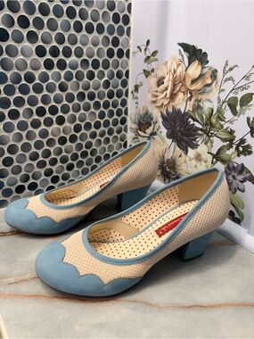 Beige and Light Blue Low Block Heel Pumps